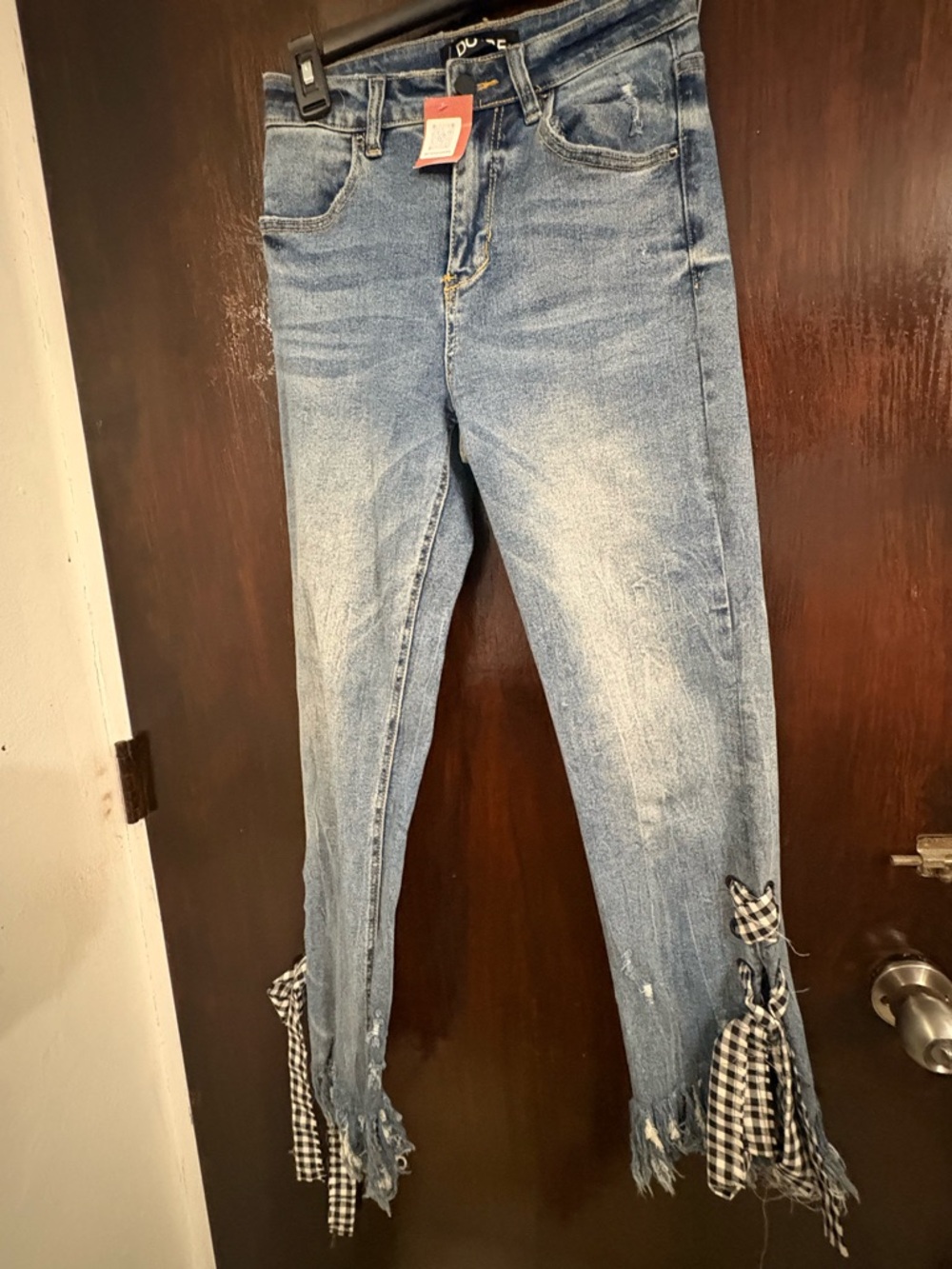 DO+BE Light Blue Distressed Women’s Jeans with Frayed Hem and Side Tie. Size S.